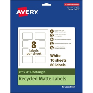 image:imageAvery EcoFriendly Matte White Recycled Rectangle Labels 2 x 3 PrinttoTheEdge Matte White Labels Permanent Adhesive LaserInkjet Printable 80 Total80 labels