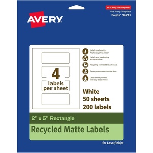 image:imageAvery EcoFriendly Matte White Recycled Rectangle Labels 2 x 5 PrinttoTheEdge Matte White Labels Permanent Adhesive LaserInkjet Printable 400 Total200 labels