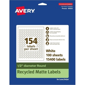 image:imageAvery EcoFriendly Matte White Recycled Round Labels 05 Diameter PrinttoTheEdge Matte White Labels Permanent Adhesive LaserInkjet Printable 1540 Total15 400 labels