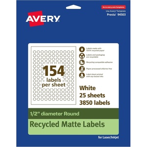 image:imageAvery EcoFriendly Matte White Recycled Round Labels 05 Diameter PrinttoTheEdge Matte White Labels Permanent Adhesive LaserInkjet Printable 1540 Total3 850 labels