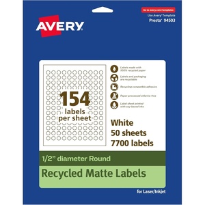 image:imageAvery EcoFriendly Matte White Recycled Round Labels 05 Diameter PrinttoTheEdge Matte White Labels Permanent Adhesive LaserInkjet Printable 1540 Total7 700 labels