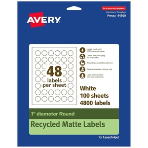 image:imageAvery EcoFriendly Matte White Recycled Round Labels 1 Diameter PrinttoTheEdge Matte White Labels Permanent Adhesive LaserInkjet Printable 480 Total4 800 Labels