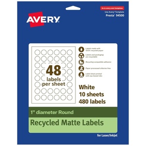 image:imageAvery EcoFriendly Matte White Recycled Round Labels 1 Diameter PrinttoTheEdge Matte White Labels Permanent Adhesive LaserInkjet Printable 480 Total480 Labels