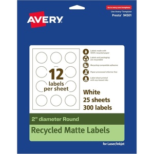 image:imageAvery EcoFriendly Matte White Recycled Round Labels 2 Diameter PrinttoTheEdge Matte White Labels Permanent Adhesive LaserInkjet Printable 120 Total300 labels
