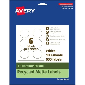 image:imageAvery EcoFriendly Matte White Recycled Round Labels 3 Diameter PrinttoTheEdge Matte White Labels Permanent Adhesive LaserInkjet Printable 60 Total600 labels