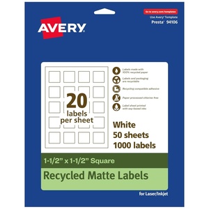 image:imageAvery EcoFriendly Matte White Recycled Square Labels 15 x 15 PrinttoTheEdge Matte White Labels Permanent Adhesive LaserInkjet Printable 200 Total1 000 labels