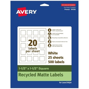 image:imageAvery EcoFriendly Matte White Recycled Square Labels 15 x 15 PrinttoTheEdge Matte White Labels Permanent Adhesive LaserInkjet Printable 200 Total500 labels