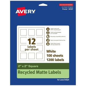 image:imageAvery EcoFriendly Matte White Recycled Square Labels 2 x 2 PrinttoTheEdge Matte White Labels Permanent Adhesive LaserInkjet Printable 300 Total1 200 labels