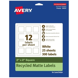 image:imageAvery EcoFriendly Matte White Recycled Square Labels 2 x 2 PrinttoTheEdge Matte White Labels Permanent Adhesive LaserInkjet Printable 300 Total300 labels