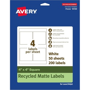 image:imageAvery EcoFriendly Matte White Recycled Square Labels 4 x 4 Matte White Labels Permanent Adhesive LaserInkjet Printable 40 Total200 labels