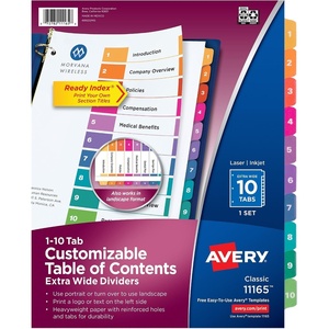 image:imageAvery ExtraWide Dividers for 3 Ring Binders 10 Tabs per Set Customizable Table of Contents Multicolor Tabs Works Great with Sheet Protectors 11165