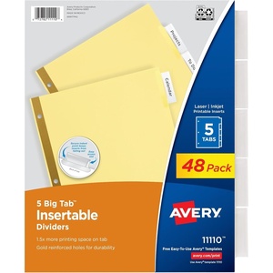 image:imageAvery Insertable Dividers for 3 Ring Binder 5Tab Set Clear Big Tabs Buff Paper with GoldReinforced 24 Sets Great for Organizing Projects Reports Finances and More 1111348 Sets