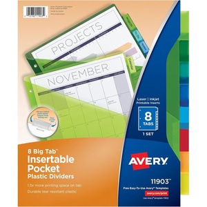 image:imageAvery Insertable Plastic Dividers for 3 Ring Binders 8 Tabs per Set Big Tabs One Pocket Multicolor Binder Dividers Works with Sheet Protectors 119031Pack
