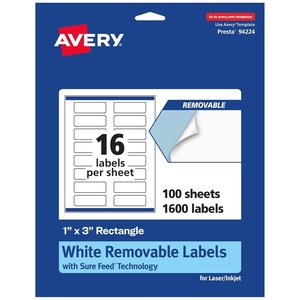 image:imageAvery Matte White Removable Rectangle Labels Sure Feed Technology PrinttoTheEdge 1 x 3 240 Removable Labels LaserInkjet Printable1 600 labels