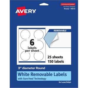 image:imageAvery Matte White Removable Round Labels Sure Feed Technology PrinttoTheEdge 3 Diameter 90 Removable Labels LaserInkjet Printable150 labels