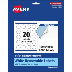image:imageAvery Matte White Removable Round Labels with Sure Feed Technology 15 Diameter 300 Labels LaserInkjet Printable2 000 labels