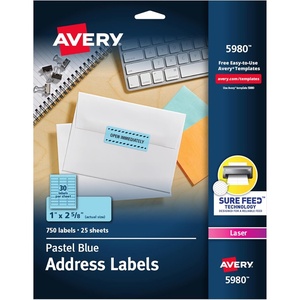 image:imageAvery Neon Address Labels with Sure Feed for Laser Printers 1 x 2 58 750 Pastel Blue Labels 59801 in x 258 in