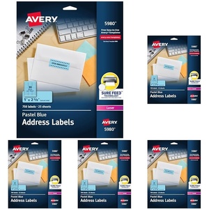 image:imageAvery Neon Address Labels with Sure Feed for Laser Printers 1 x 2 58 750 Pastel Blue Labels 59801 in x 258 in Pack of 5