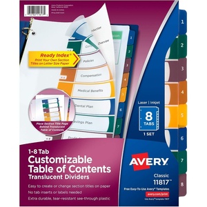 image:imageAvery Plastic 8 Tab Binder Dividers Customizable Table of Contents Multicolor Tabs 1 Set 11817