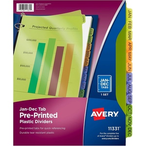 image:imageAvery PrePrinted JanDec Plastic Dividers for 3 Ring Binders 12Tab Set Multicolor 1 Set 11331Binder Divider