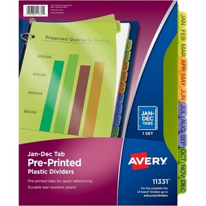 image:imageAvery PrePrinted JanDec Plastic Dividers for 3 Ring Binders 12Tab Set Multicolor 1 Set 11331Solid