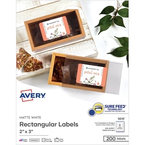 image:imageAvery Printable Rectangular Labels Sure Feed Technology 2 x 3 Matte White Permanent Adhesive LaserInkjet Printable 200 Blank Labels Great for Product Merchandising Stickers and More 5619