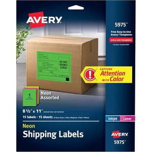 image:imageAvery Printable Shipping Labels 812 x 11 Assorted Neon Colors Magenta Green and Yellow Laser amp Inkjet Compatible 15 Blank Labels Total 5975Assorted