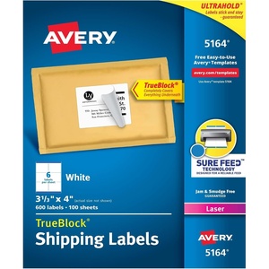image:imageAvery Printable Shipping Labels with Sure Feed 313 x 4 White 600 Blank Mailing Labels for Laser Printers 5164313 in X 4 in Pack of 5