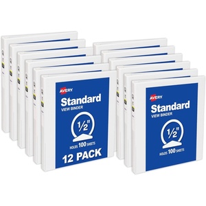 image:imageAvery Standard View 3 Ring Binders 05 Round Rings 100Sheet Capacity 07 Inch Wide Spine White Binders Ideal for Lightweight Organization and Occasional Referencing 12Pack of 0570605