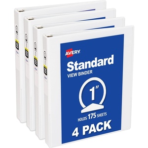 image:imageAvery Standard View 3 Ring Binders 2 Round Rings 375Sheet Capacity 28 Inch Wide Spine White Binders Ideal for Lightweight Organization and Occasional Referencing 4Pack of 192021