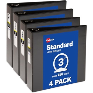 image:imageAvery Standard View 3 Ring Binders 3 Round Rings 460Sheet Capacity 35 Inch Wide Spine Black Binders Ideal for Lightweight Organization and Occasional Referencing 4Pack of 03361