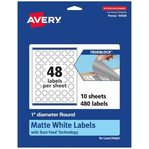 image:imageAvery TrueBlock Matte White Round Labels Sure Feed Technology 1 Diameter 480 Matte White Labels PrinttoTheEdge LaserInkjet Printable Great for Product Merchandising Stickers480 labels