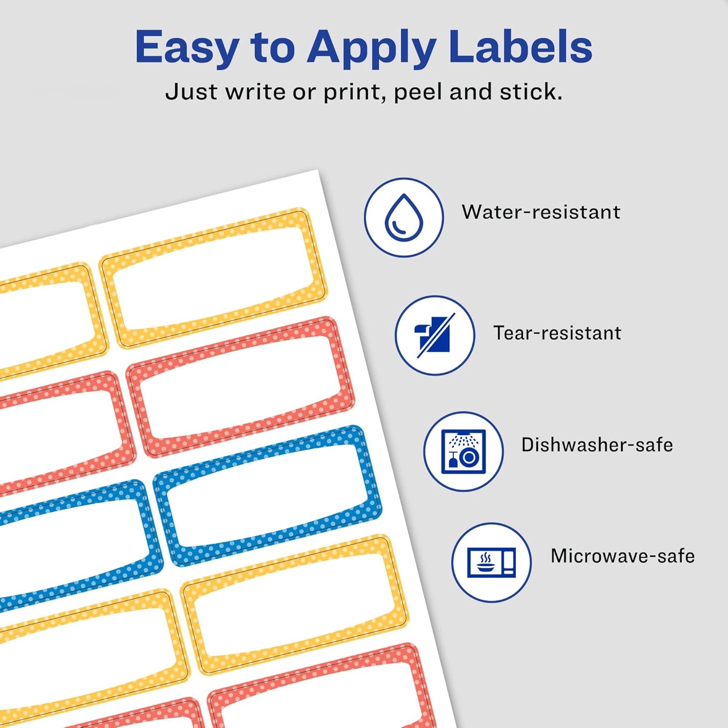 image:imageAvery Durable Labels for Kids Gear 34 x 134 Assorted Border Colors WaterResistant Labels 60 Total 414420
