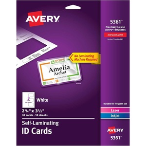image:imageAvery Customizable SelfLaminating ID Cards 225 x 35 White Printable Inserts 30 Laminated ID Cards 5361