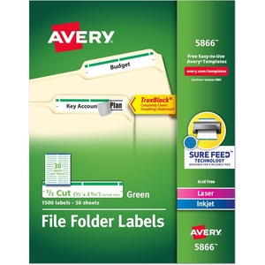image:imageAvery Green File Folder Labels for Laser and Inkjet Printers with TrueBlock Technology 23 inches x 3716 inches Box of 1500 58661