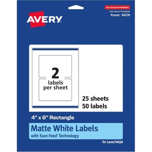 image:imageAvery Matte White Rectangle Labels Sure Feed Technology 4 x 6 50 White Labels PrinttoTheEdge Permanent Adhesive LaserInkjet Printable50 labels