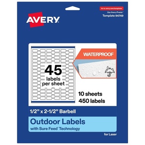 image:imageAvery Outdoor Waterproof Barbell Labels with Sure Feed Technology 05 x 25 White Film Compatible with Laser Printers 450 Labels Total Great for Product Branding Packaging and More450 labels