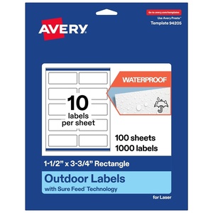 image:imageAvery Outdoor Waterproof Rectangle Labels with Sure Feed Technology 15 x 375 White Film PrinttotheEdge Compatible with Laser Printers 500 Labels Total1 000 labels