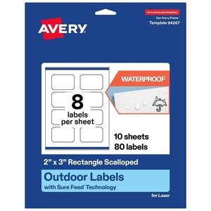 image:imageAvery Outdoor Waterproof Rectangle Scalloped Labels with Sure Feed Technology 2 x 3 White Film PrinttotheEdge Compatible with Laser Printers 80 Labels Total80 labels