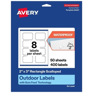 image:imageAvery Outdoor Waterproof Rectangle Scalloped Labels with Sure Feed Technology 2 x 3 White Film PrinttotheEdge Compatible with Laser Printers 80 Labels Total400 labels