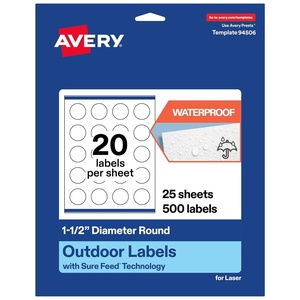 image:imageAvery Outdoor Waterproof Round Labels with Sure Feed Technology 15 Diameter White Film PrinttotheEdge Compatible with Laser Printers 1000 Labels Total500 labels