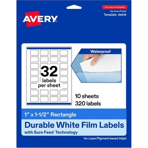 image:imageAvery Printable Durable White Rectangle Labels Sure Feed Technology 1 x 15 PrinttotheEdge Waterproof Labels Laser amp PigmentBased Inkjet Compatible 320 Total320 labels