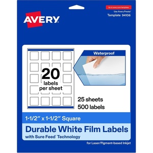 image:imageAvery Printable Durable White Square Labels Sure Feed Technology 15 x 15 PrinttotheEdge Waterproof Labels Laser amp PigmentBased Inkjet Compatible 200 Total500 labels