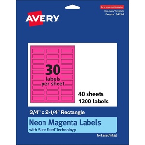 image:imageAvery Printable Rectangle Labels Sure Feed Technology 34 x 214 Neon Magenta Labels PrinttoTheEdge LaserInkjet Printable 1200 Total Great for Mailing1 200 labels