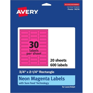 image:imageAvery Printable Rectangle Labels Sure Feed Technology 34 x 214 Neon Magenta Labels PrinttoTheEdge LaserInkjet Printable 1200 Total Great for Mailing600 labels