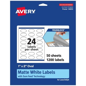 image:imageAvery TrueBlock Matte White Oval Labels Sure Feed Technology 1 x 2 240 Matte White Labels PrinttoTheEdge LaserInkjet Printable Great for Packaging and Product Merchandising1 200 labels