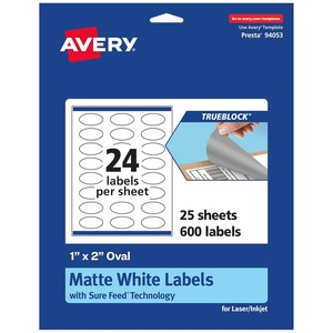image:imageAvery TrueBlock Matte White Oval Labels Sure Feed Technology 1 x 2 240 Matte White Labels PrinttoTheEdge LaserInkjet Printable Great for Packaging and Product Merchandising600 labels