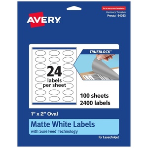 image:imageAvery TrueBlock Matte White Oval Labels Sure Feed Technology 1 x 2 240 Matte White Labels PrinttoTheEdge LaserInkjet Printable Great for Packaging and Product Merchandising2 400 labels