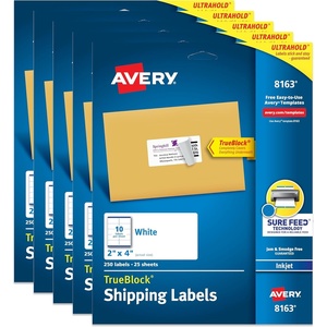 image:imageAvery TrueBlock Printable Shipping Labels with Sure Feed 2 x 4 Customizable Stickers White 1250 Blank Mailing Labels Total 5Pack of 8163