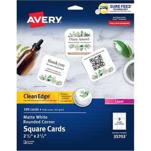 image:imageAvery Clean Edge Printable Square Cards with Sure Feed Technology Rounded Corners 25 x 25 White 180 Blank Cards for Laser Printers 35703